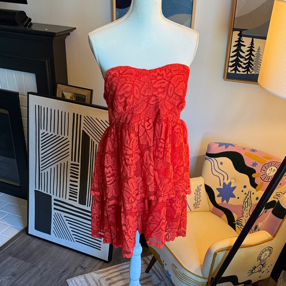 Maeve Strapless Red Lace Dress